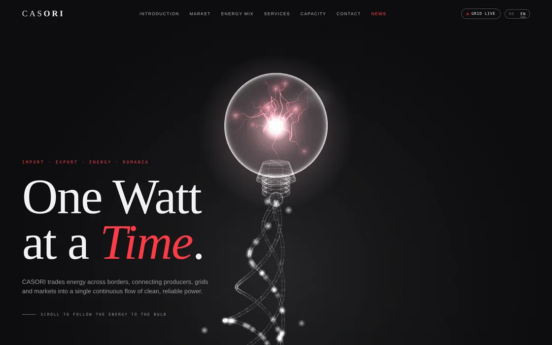 The Casori homepage, a glowing plasma bulb on black