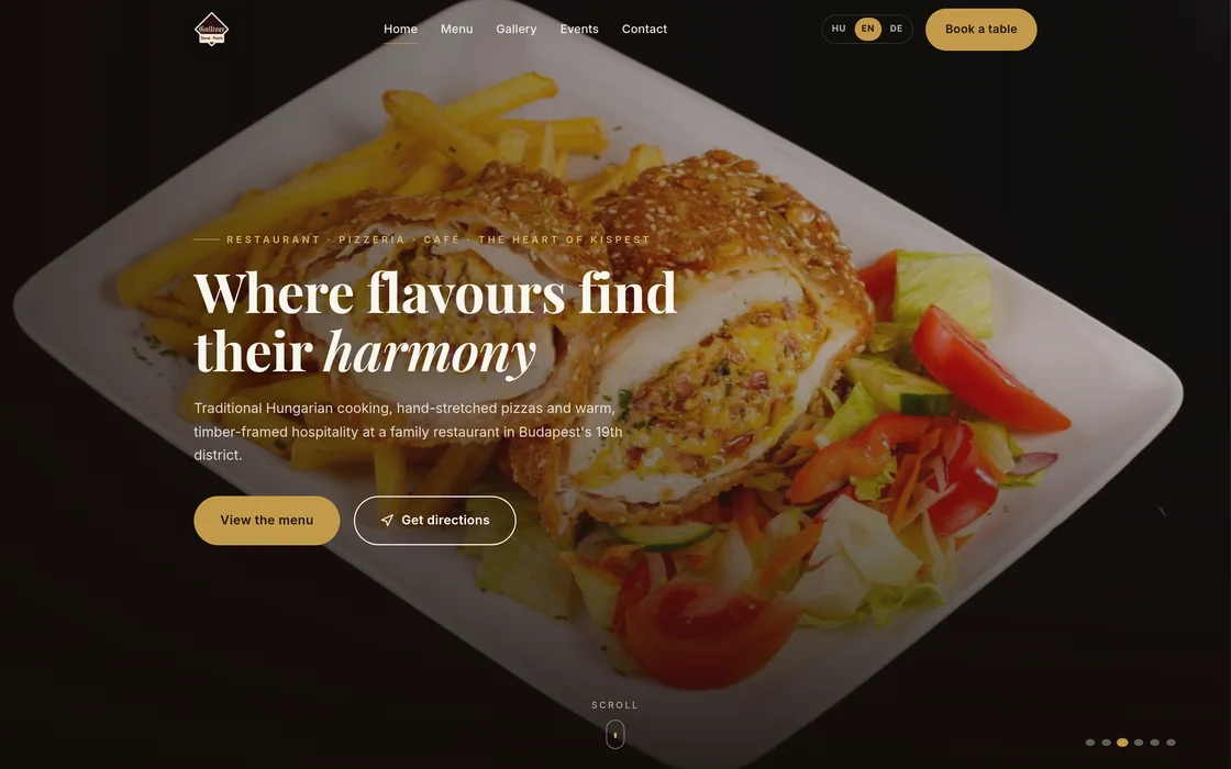 The Gulliver homepage, warm photography of the restaurant garden